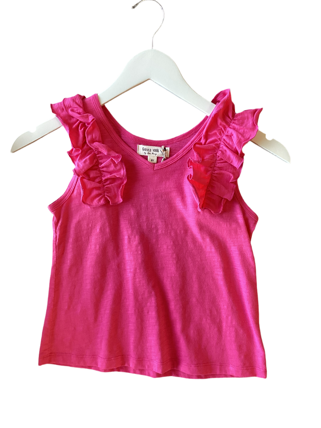 Hot pink ruffle top.