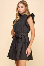 Load image into Gallery viewer, Black Ruffle Mock Neckline Pleated Dress..
