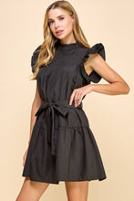 Load image into Gallery viewer, Black Ruffle Mock Neckline Pleated Dress..
