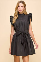 Load image into Gallery viewer, Black Ruffle Mock Neckline Pleated Dress..
