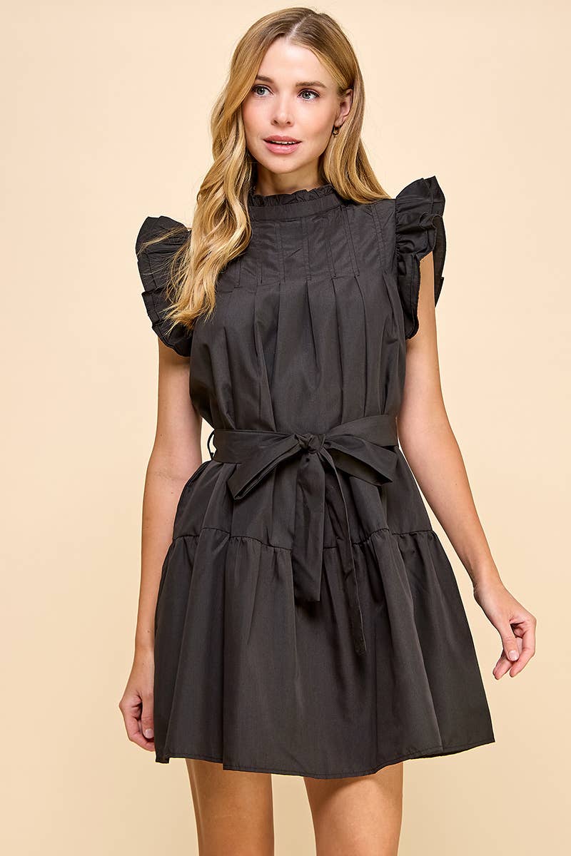 Black Ruffle Mock Neckline Pleated Dress..