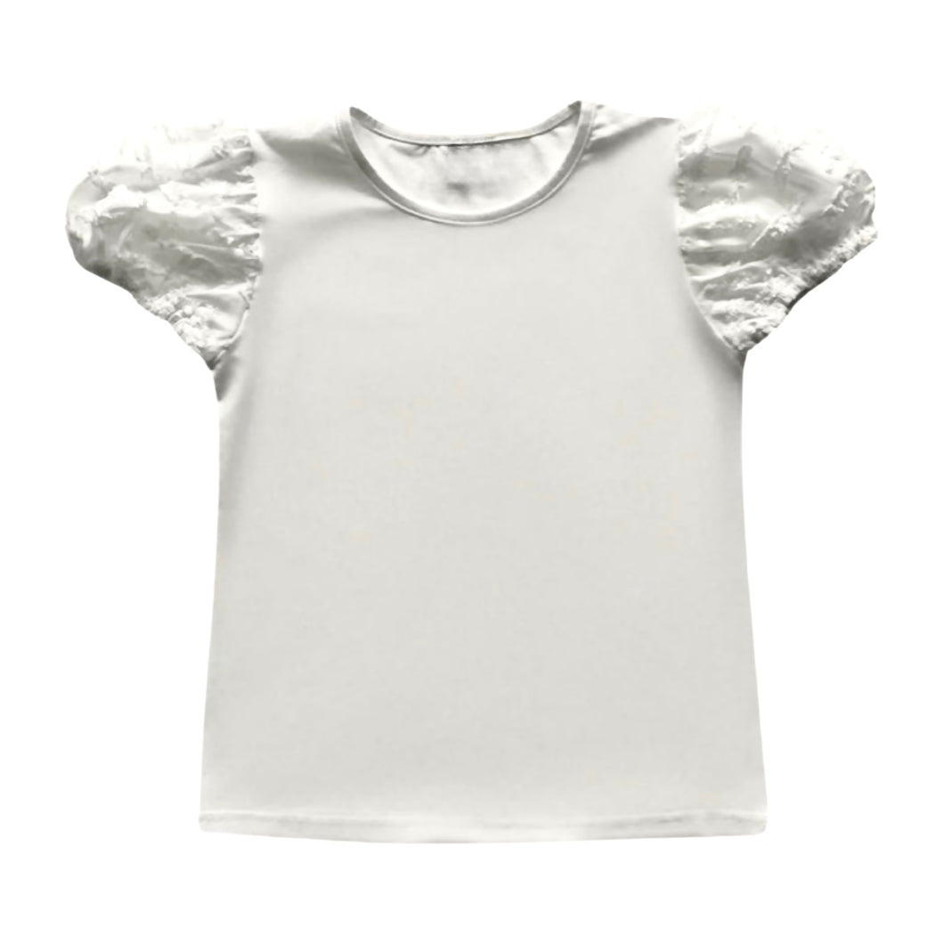 White Bamboo Design Balloon Sleeve Top.