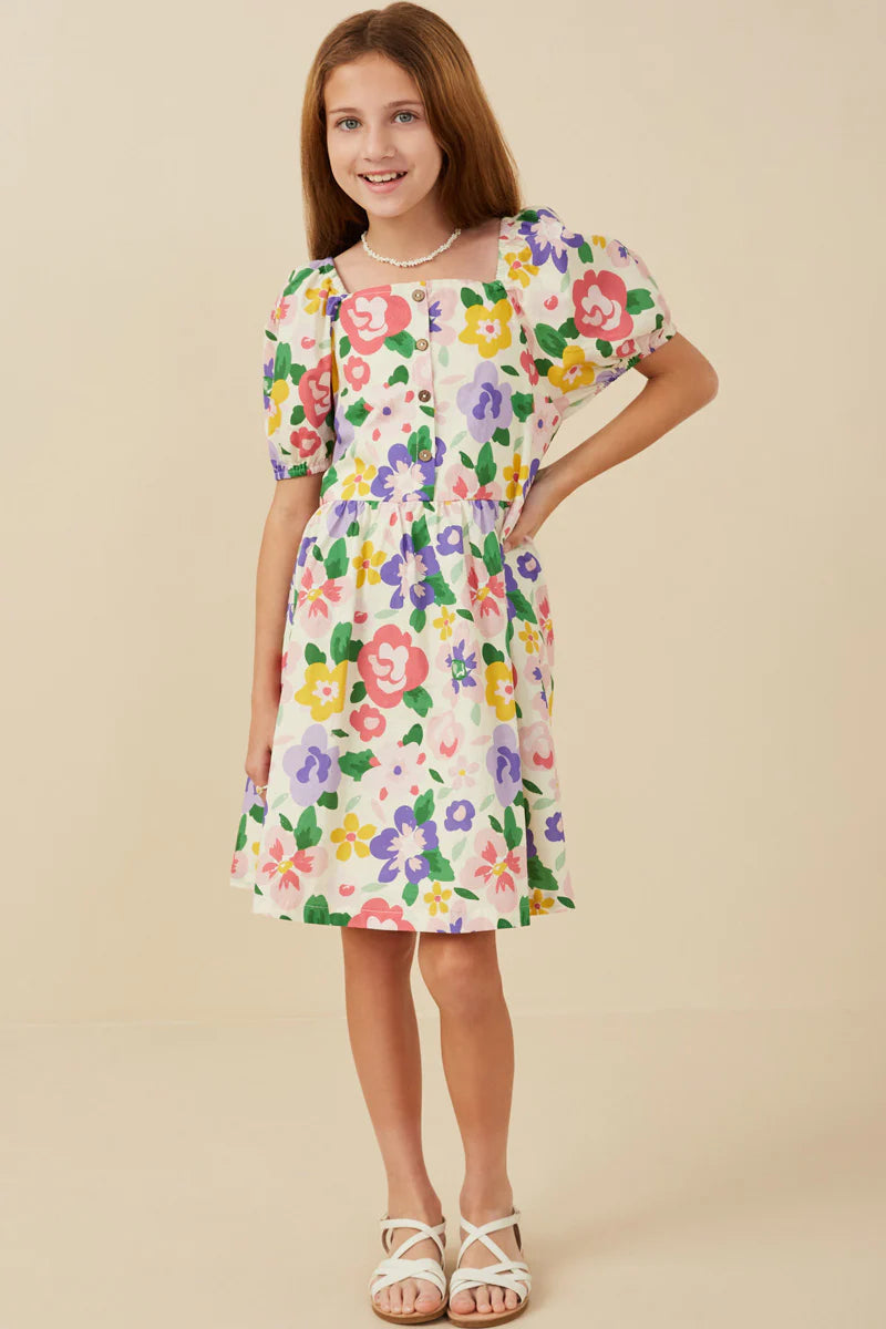 Girls Floral Print Buttoned Square Neck Dress.