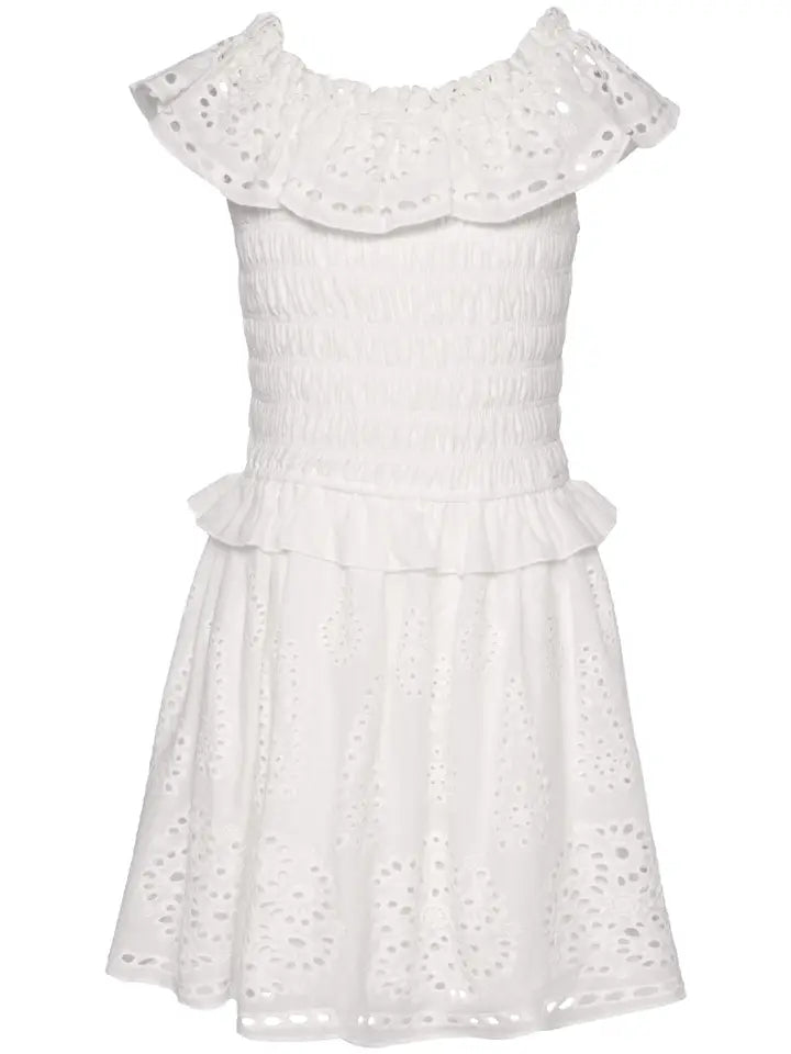 White Eyelet Peasant Style Smocked Bodice Dress..